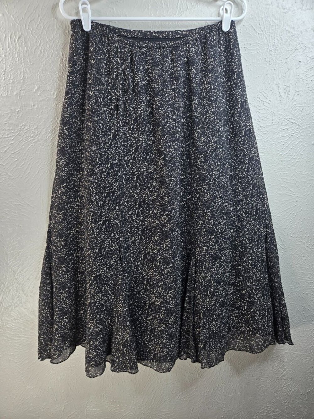 100% Silk A Line Midi Skirt Medium Black Abstract Print Flowy‎ Grunge Boho Artsy